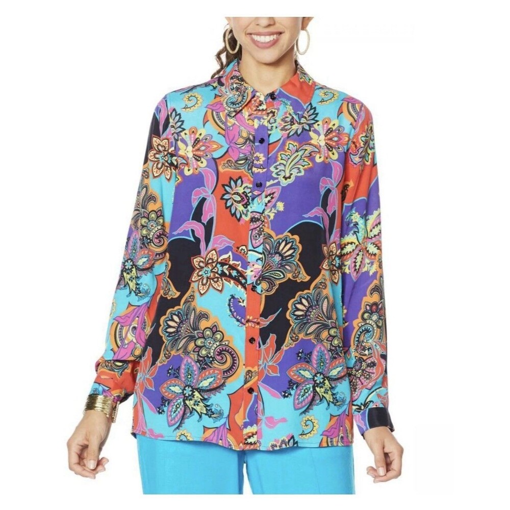 Diane Gilman Silk Blend Blouse Large NWT Colorful Paisley Floral Button Down Top